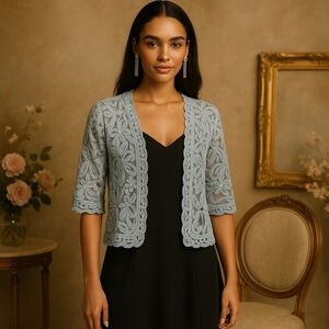 Valenti Sheer Lace Open Cardigan M Light Blue Floral Embroidered Romantic Boho